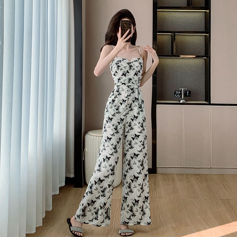 Yilda - Spaghettibandjes jumpsuit met wijde pijpen