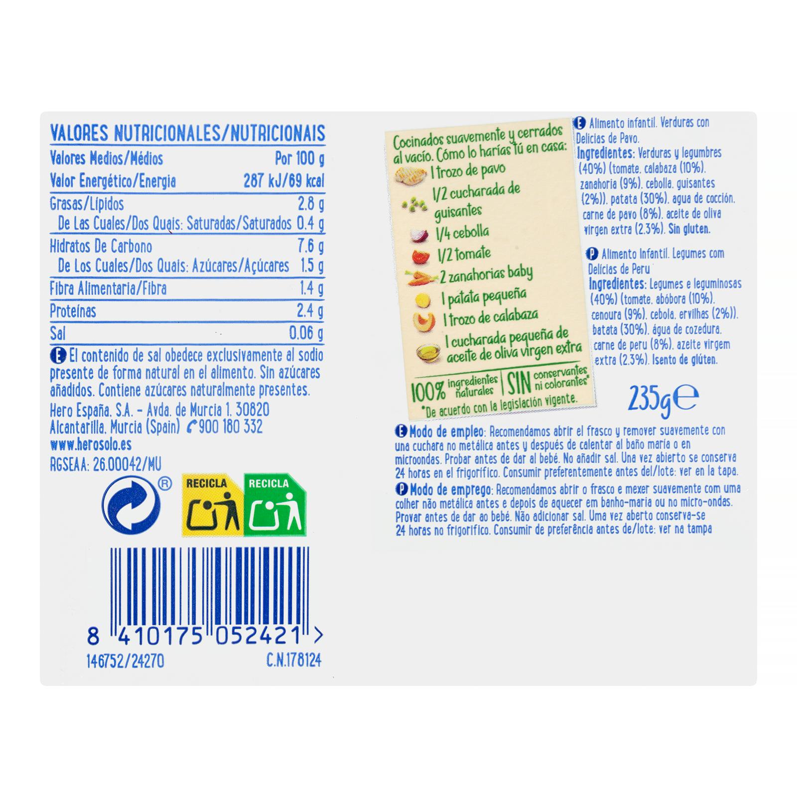 Bouillie de légumes pour bébé Hero Solo Natur avec délices de dinde +6 mois