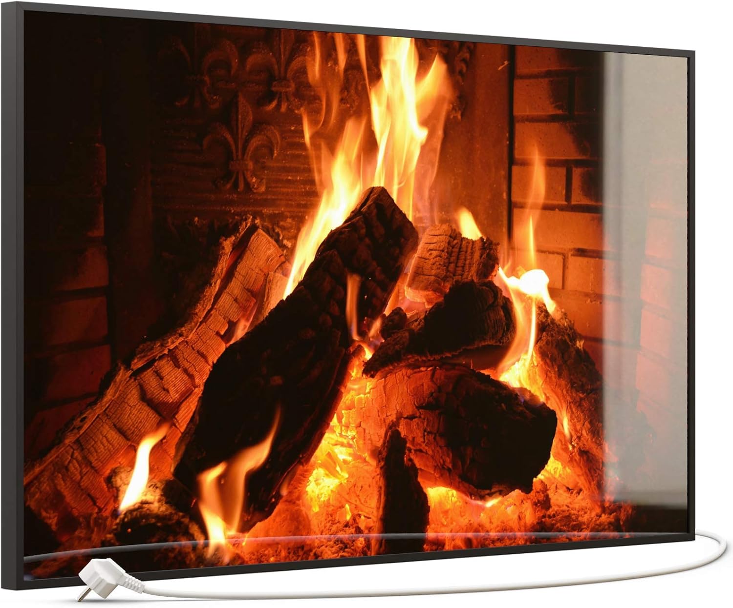 Glas Bild Infrarotheizung mit Thermostat | Kamin Feuer | viele Motive 350-1200 Watt Rahmen schwarz (600 Watt, 032 Kamin)