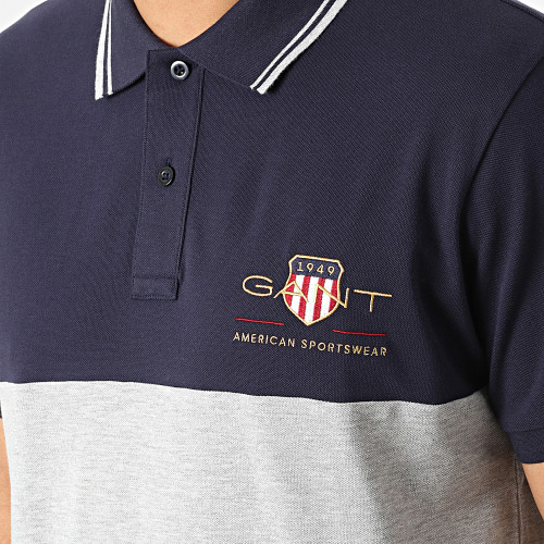 Polo Manches Courtes Archive Shield Block Gris Chiné Bleu Marine