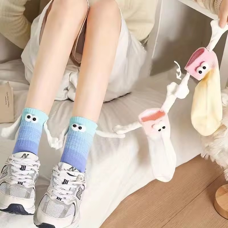 (1 Paar) Unisex Socken Fashion Strümpfe Couple Socks Füsslinge mit Augen / Magnetischen Händen (One Size) - Gelb / Rosa