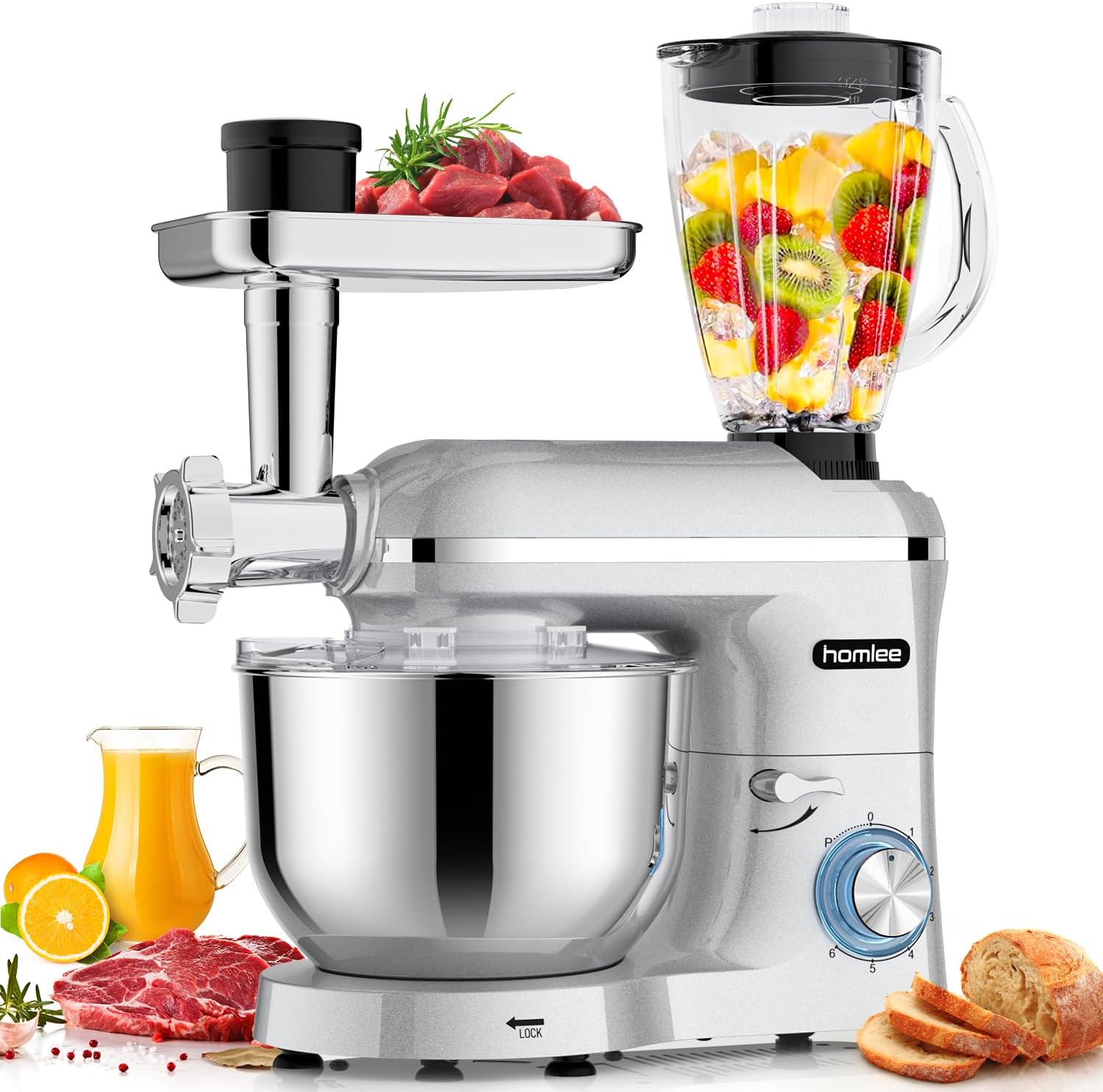 3 in 1 Universal Küchenmaschine 2000W Multifunktionale Knetmaschine 6-stufige Gescheindigkeit Mixer, mit Fleischwolf, 1.5L Saftpresse, 5.5L Edelstahlschüssel knetmaschine