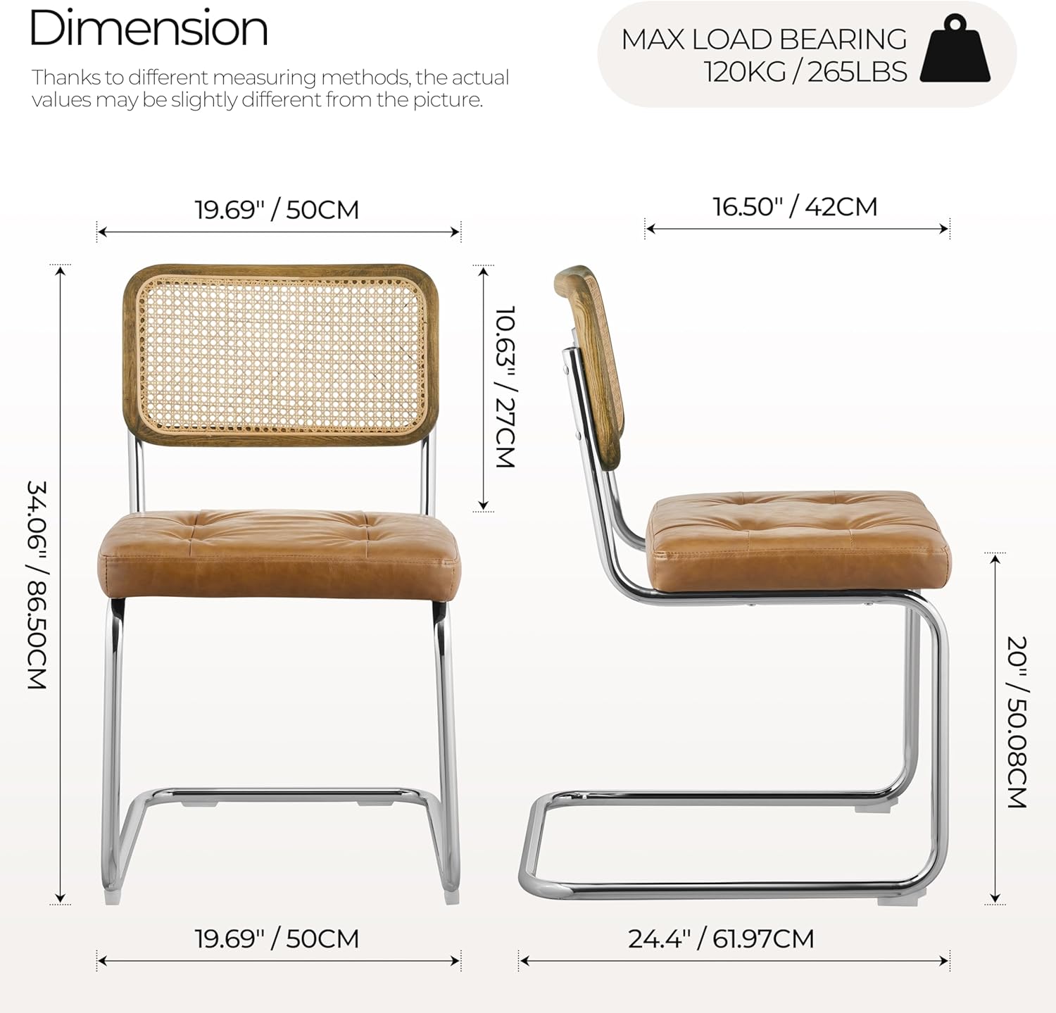 Zouron Esszimmerstühle Rattan Stuhl Schwingstühle 2er Set - mit Eichenholz Kunstleder Küchenstuhl Freischwinger Stühle Polsterstuhl Natur geflochtene Rattan Rückenlehne Chrom Metallbeine