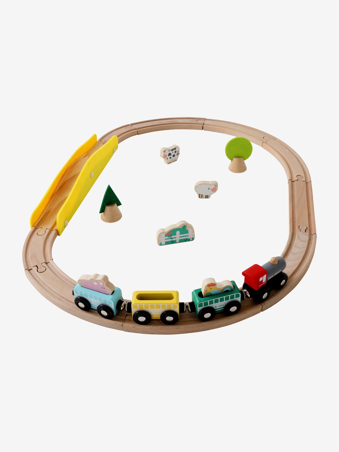 Pequeno circuito de trem de madeira multicolorido