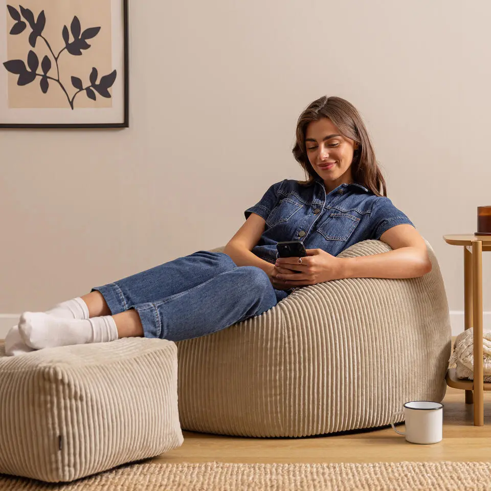 icon - Kingston XL Zitzak Fauteuil met Poef - Ribfluweel - Beige