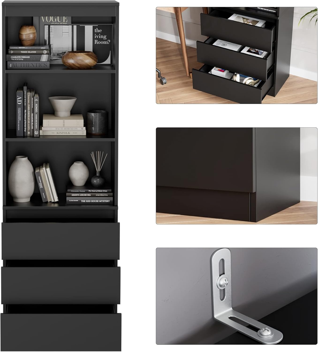 FirFurd Bücherregal mit 3 Schubladen 3 Fächern 180 cm Hochschrank Bücherschrank Vitrinenschrank Mehrzweckschrank für Wohnzimmer Büro Küche 60 x 35 x 180 cm Schwarz