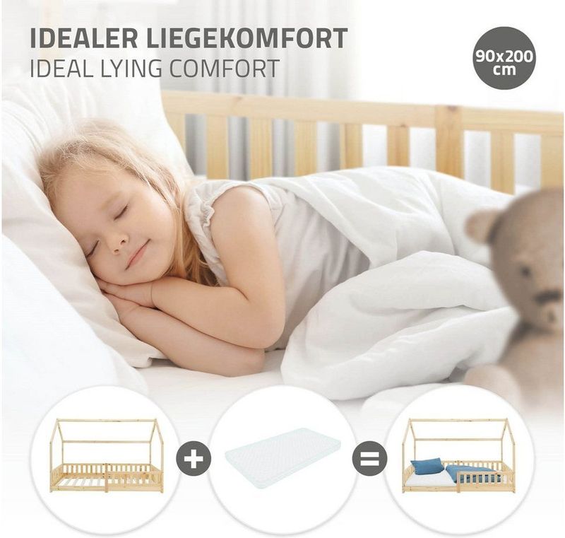 ML - Kinderbed Huisbed - Grenenhout - Incl. Matras - Uitvalbescherming - Dakframe