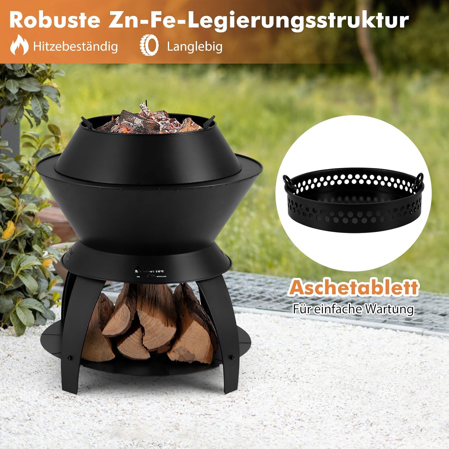 COSTWAY Feuerschale mit Topfhalter und Ablage, Feuerstelle mit rauchfreier sauerstoffangereicherter Verbrennung, Fire Pit für Camping, Garten, Terrasse