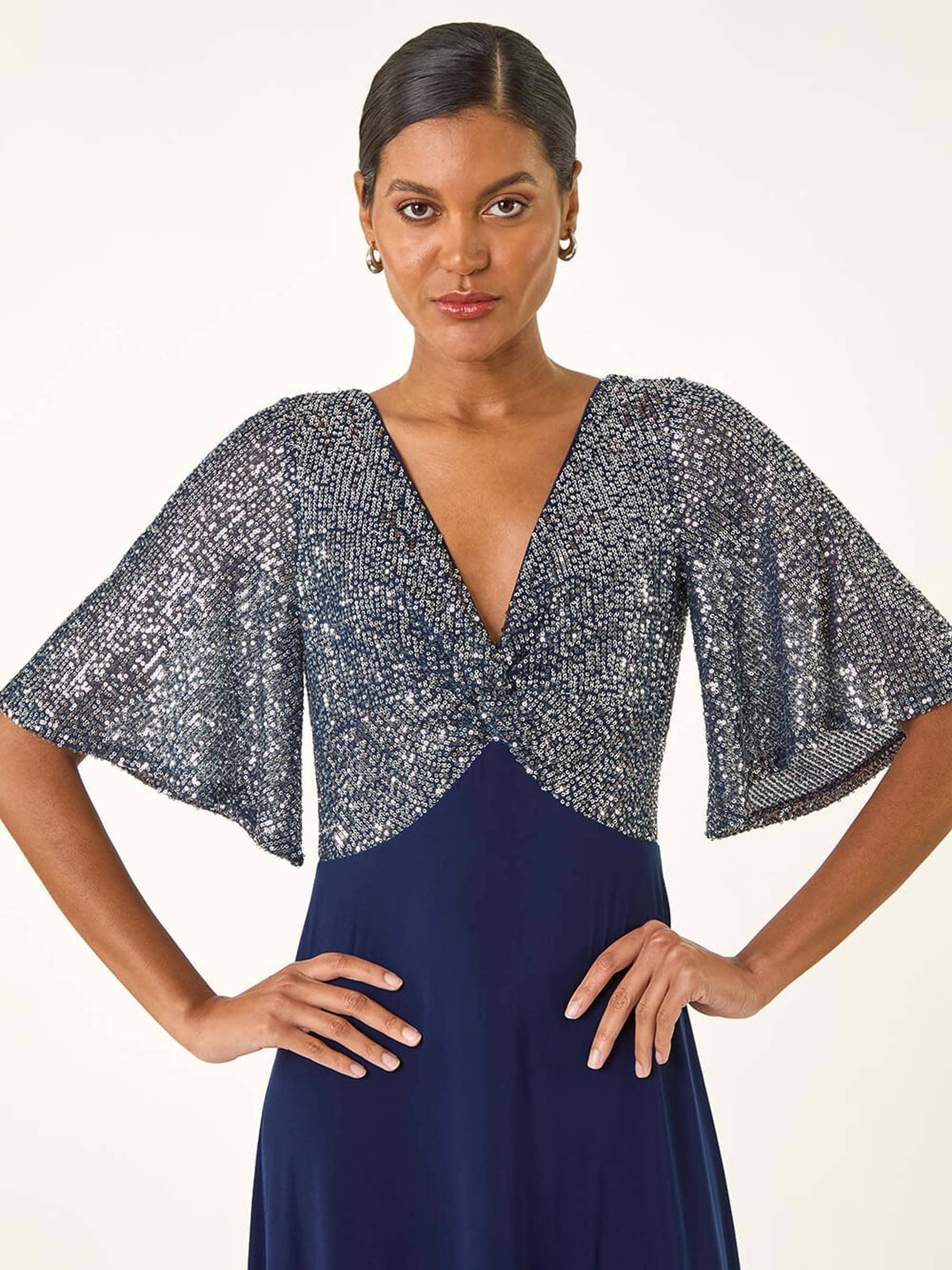 Roman Sequin Flutter Sleeve Midi Dress