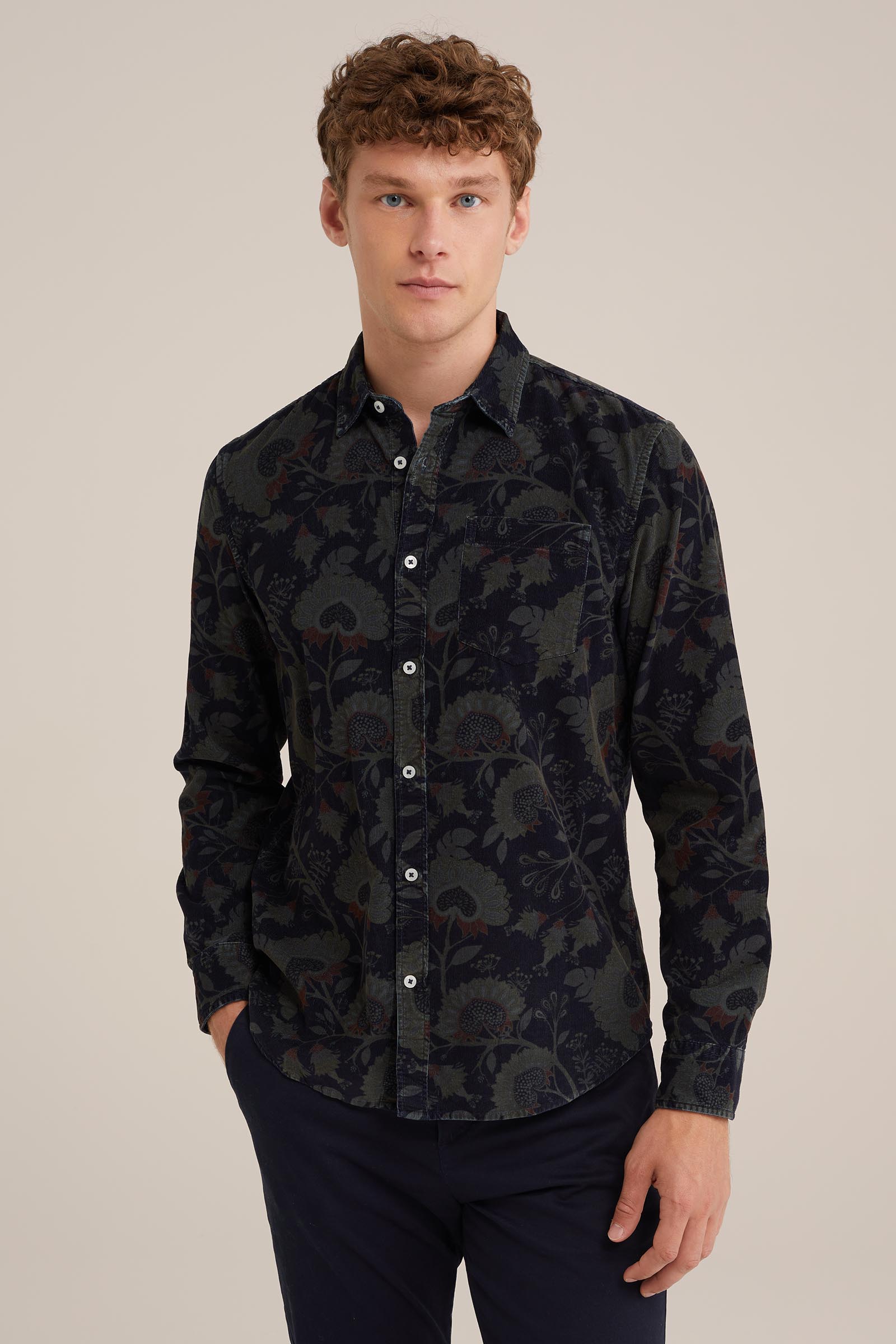 corduroy overhemd met dessin WE Fashion Donkergroen