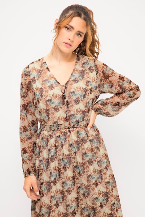 Maxikleid, A-Line, Schuppen Print, V-Ausschnitt, elastische Taille, Langarm