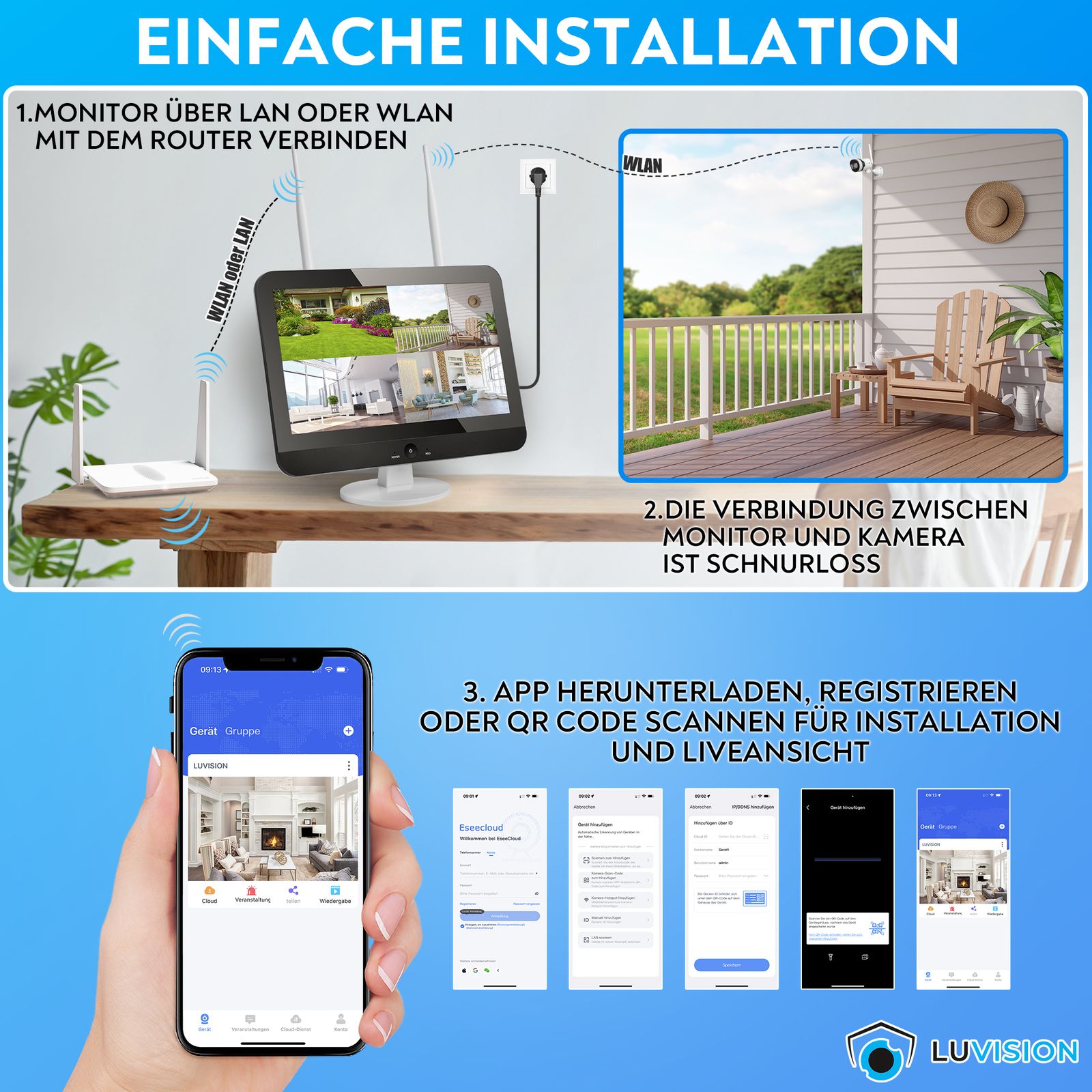 LUVISION Dual WLAN PTZ Überwachungssystem mit Monitor 5MP, Mikrofon, Sirene, Nachtsicht, Bewegungsverfolgung