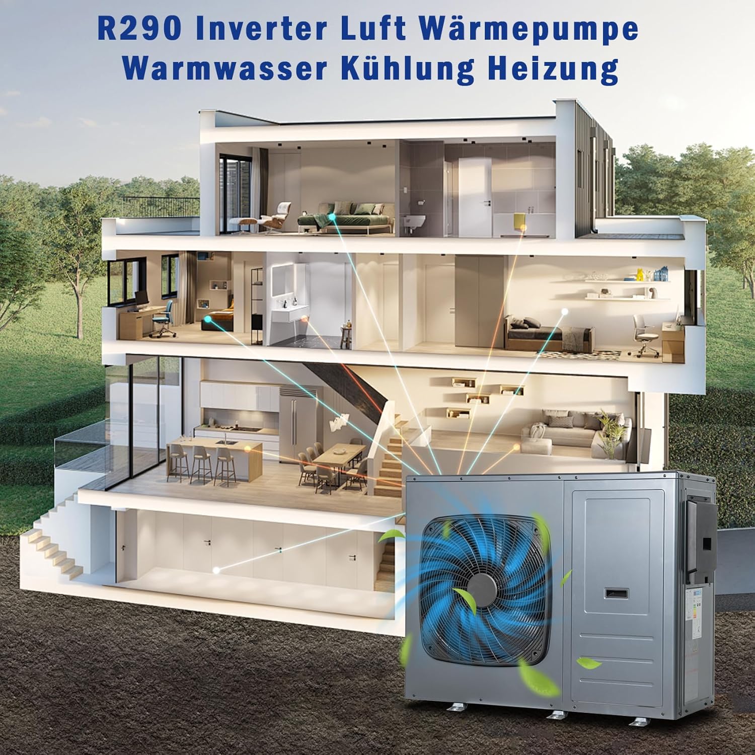 Smad R290 Inverter Luft Wärmepumpe, COP 4.8, 10KW, Warmwasser 30-60 ℃, Kühlung 5-25℃, Heizung 24-75℃, monoblock, Wifi, 220-240V 50Hz, Frostschutz, Silent-Modus, elektrische Zusatzheizung