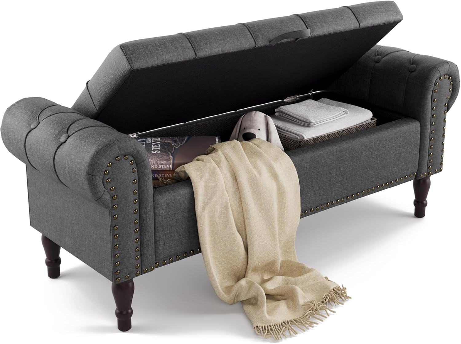 LUE BONA Sitzbank mit Stauraum 130 cm,Sitzbank Bank mit Aufbewahrungsbox,Bettbank Gepolstertem Kissen,Sitztruhe mit Armlehnen aus Linen für Wohnzimmer,Schlafzimmer,Flur,130 X 43 X50 cm,Karbon Grau