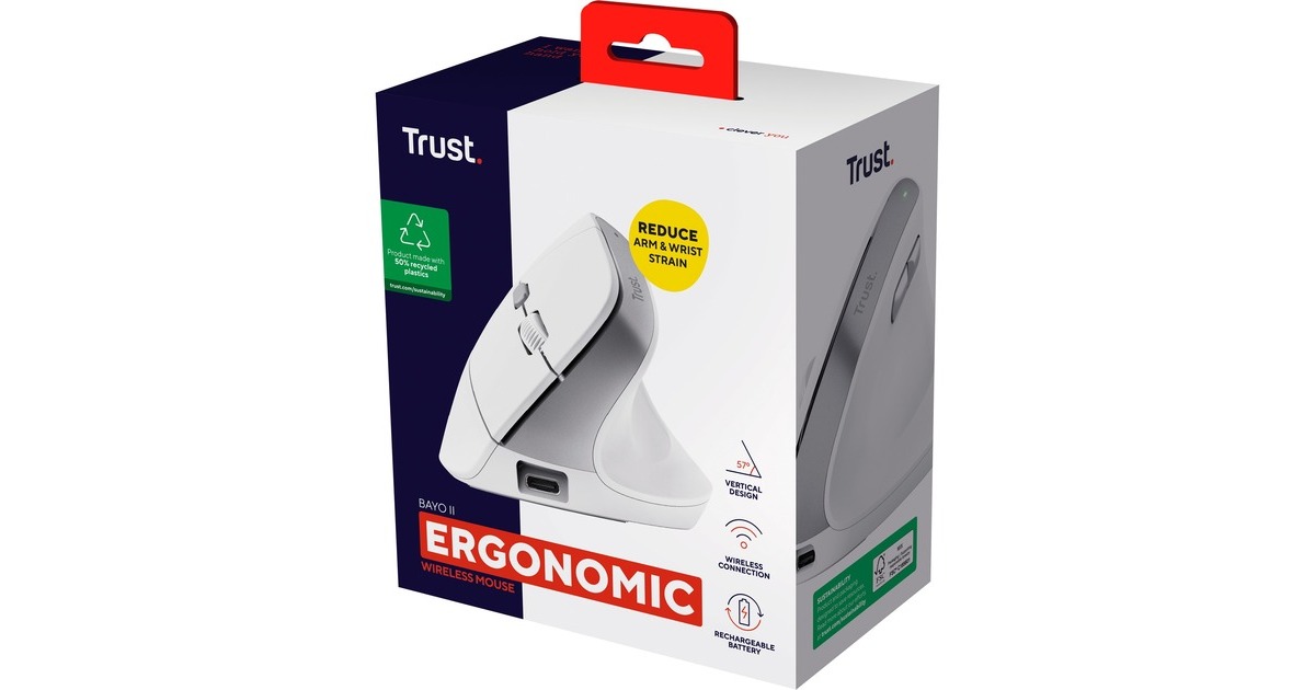 TrustBayo II Ergonomische draadloze muis  (Wit, 800 dpi - 2.400 dpi)