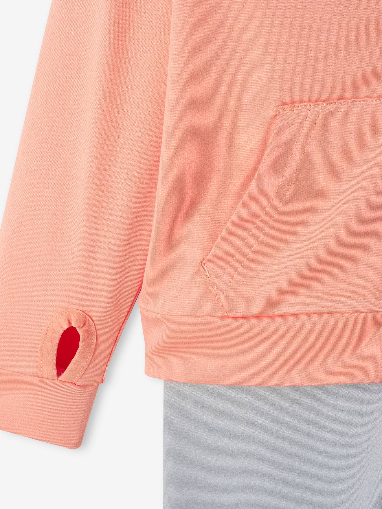 Conjunto de agasalho feminino cor pêssego: blusa de moletom com zíper e calça legging técnica.