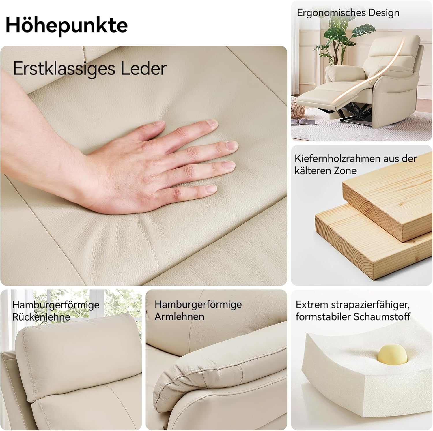 AIRSKY Relaxsessel Echtleder Fernsehsessel mit Liegefunktion Kinosessel Nickerchen Seniorensessel TV Sessel mit Schlaffunktion Manuell Verstellbar Liegesessel für Wohnzimmer Schlafzimmer,Beige