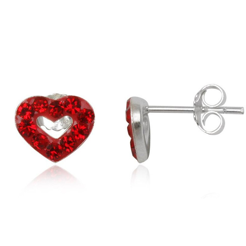 Parure Pendentif et Boucles d'Oreilles Coeurs en Cristal Rouge et Argent 925