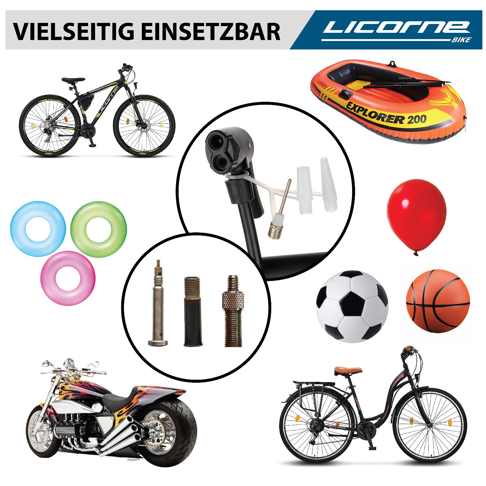 Licorne Bike Standpumpe, Klappbare Standfüße, Fahrradpumpe mit großem Manometer zur Druckanzeige, Dualkopf passend für alle Ventile (Dunlop Ventil, Französisches Ventil, Auto Ventil) (Orange)