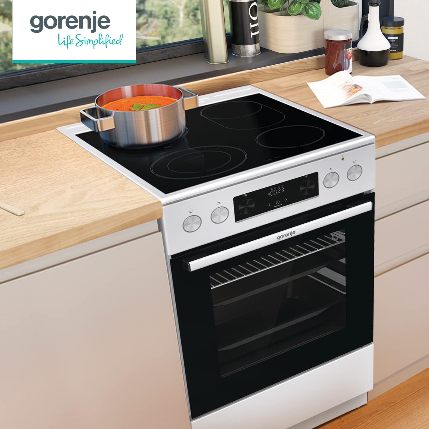 Gorenje GECS5C 60 WPA Elektro-Standherd mit Glaskeramik-Kochfeld / 50cm / 70 Liter/GentleClose/Schnellaufheizung/AirFry/ExtraSteam/Teleskopauszüge/AquaClean/weiß, 740538, 70L