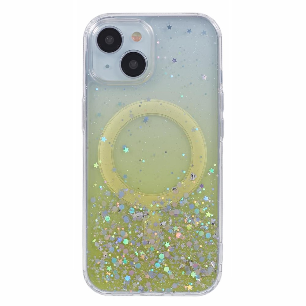 iPhone 13 MagSafe Hülle mit Acryl Rückseite und Farbverlauf im Glitzer Design - Gelb