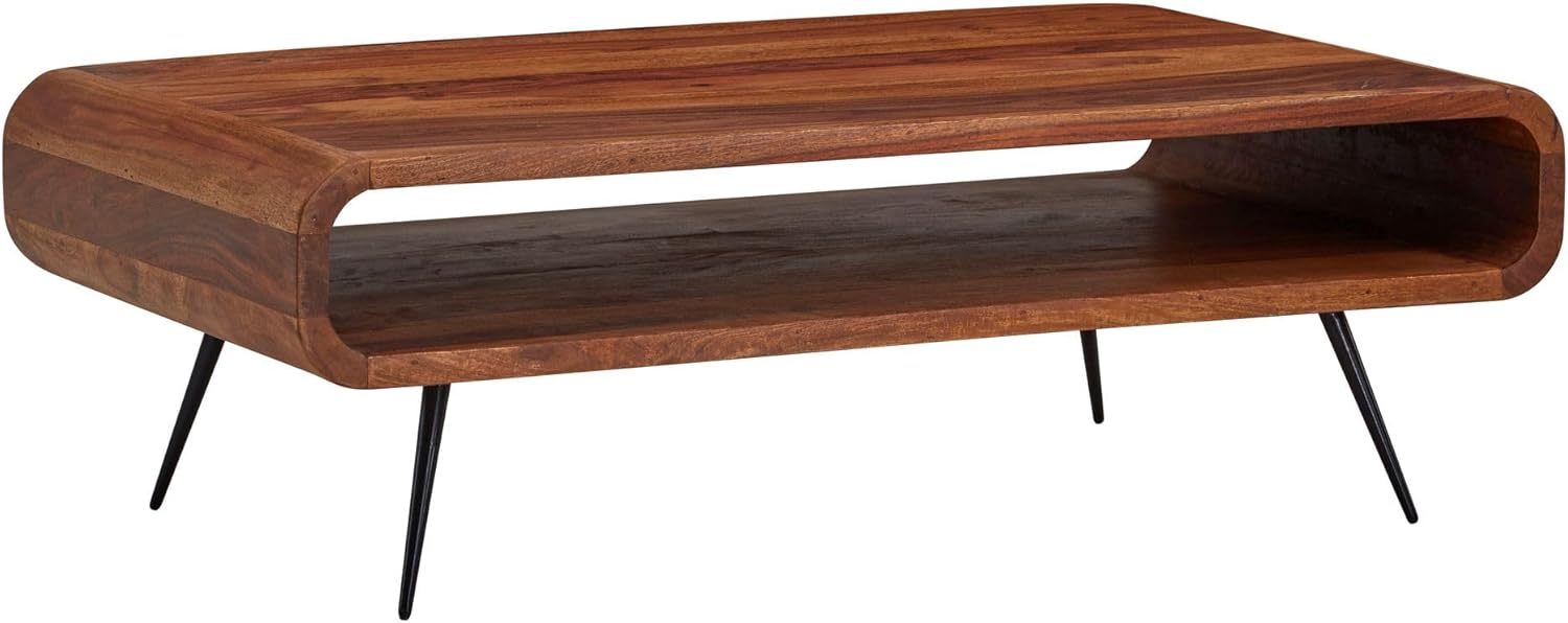 FineBuy Couchtisch Sheesham Massivholz 90 cm – Wohnzimmertisch mit Ablage im Retro Design, Handgefertigter Holztisch mit klarlackversiegelter Oberfläche Braun