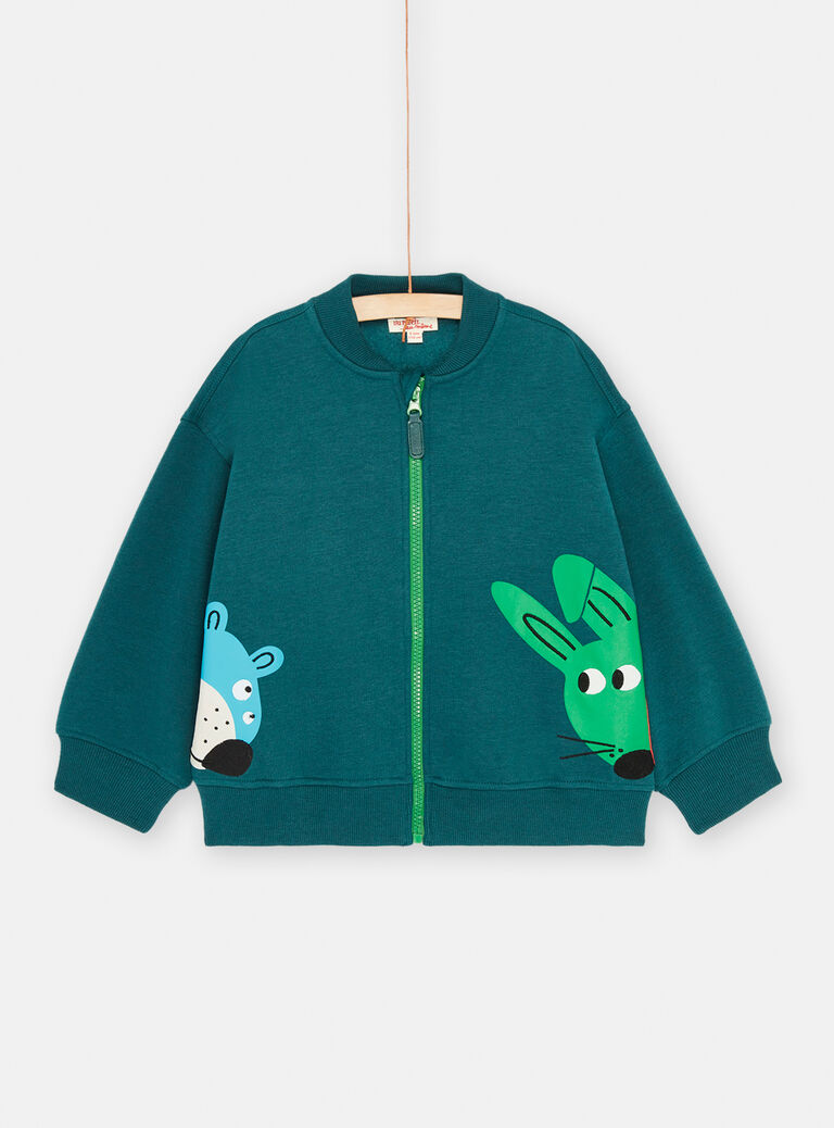 Gilet bleu pétrole à motifs ours et lapin pour garçon
