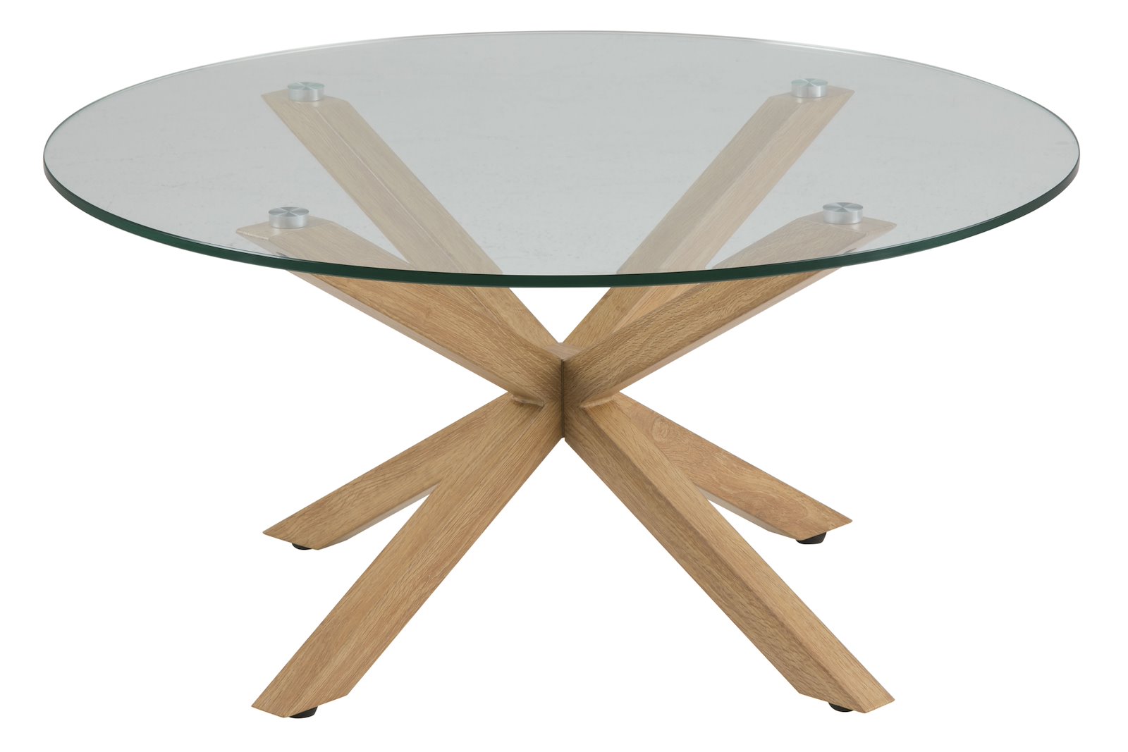 Heaven sofabord Ø82 cm. Topp i klart herdet glass, 4-stjerners understell i eikefoliert stål.