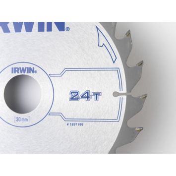 Irwin cirkelzaagblad Ø190 mm. Inclusief reduceerringen waardoor geschikt voor asgat 16, 20 en 30 mm, vertanding 24T