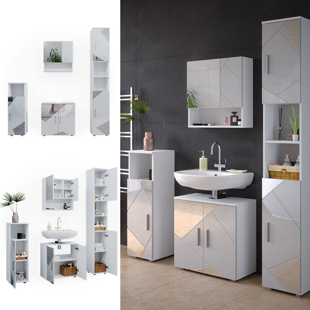 Vicco Badmöbelset mit Dekospiegeln Irma Weiß Hochglanz modern Badezimmerschrank Badschrank Badezimmermöbel Waschtischunterschrank Spiegelschrank Hochschrank Midischrank Schranktür Schrankschublade
