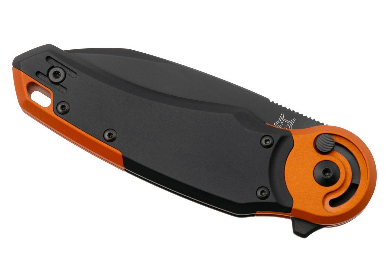 Fox Metamorphosis FX-556-B6, M390 PVD Wharncliffe, Black Aluminium, Orange Aluminium Bolster, zakmes