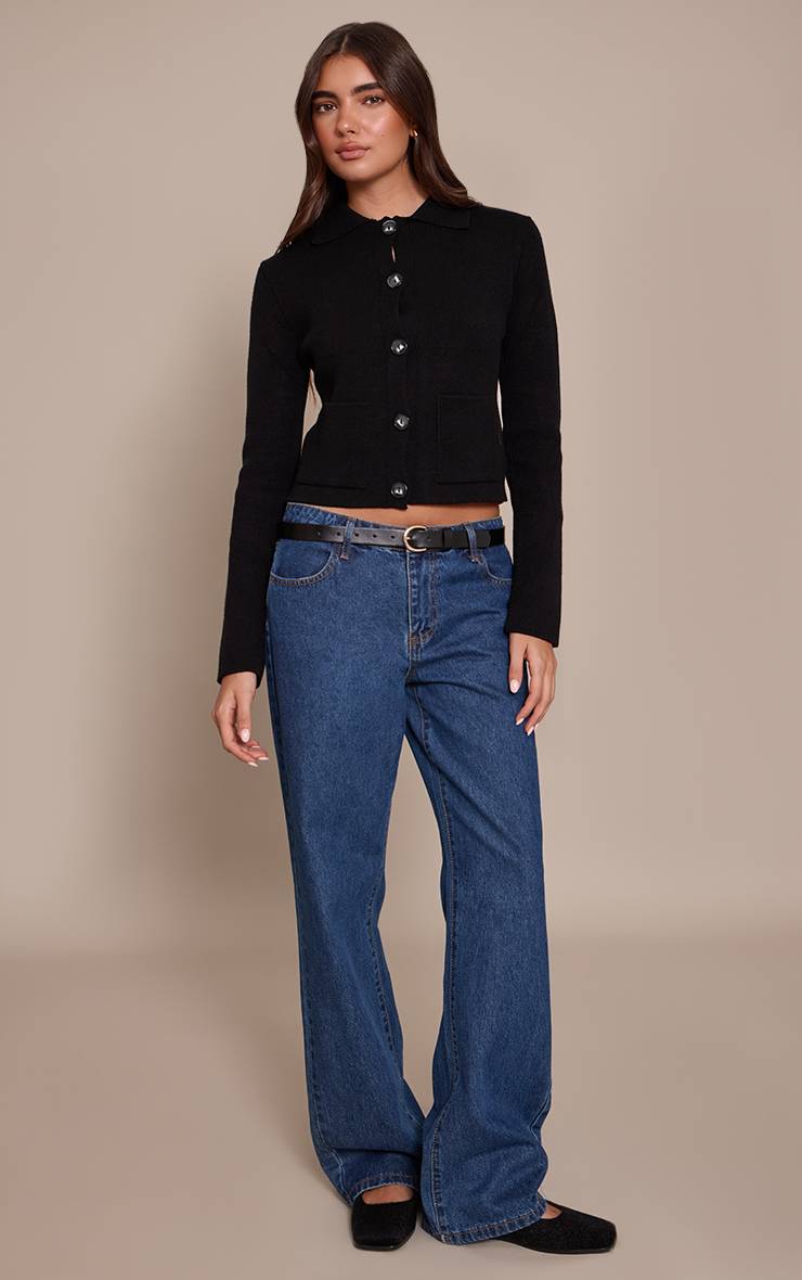 Noir Cardigan Tricoté Boutonné Crème Avec Poches Détaillées