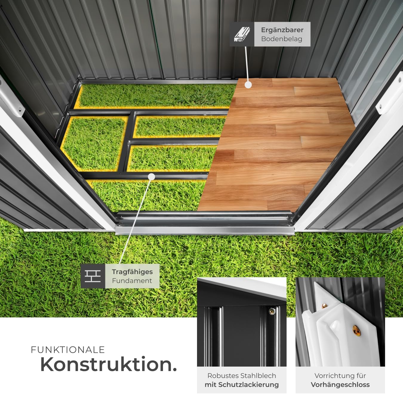 tectake® Metall Gartenhaus mit Satteldach, Geräteschuppen Garten mit Schiebetür, Gerätehaus mit Metallfundament, als Gartenschuppen, Gartenhütte oder Fahrradgarage, 4 m³ Lagerfläche - grau/weiß