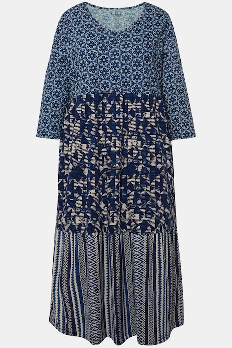 Jerseykleid, Mustermix, A-Linie, V-Ausschnitt, 3/4-Arm
