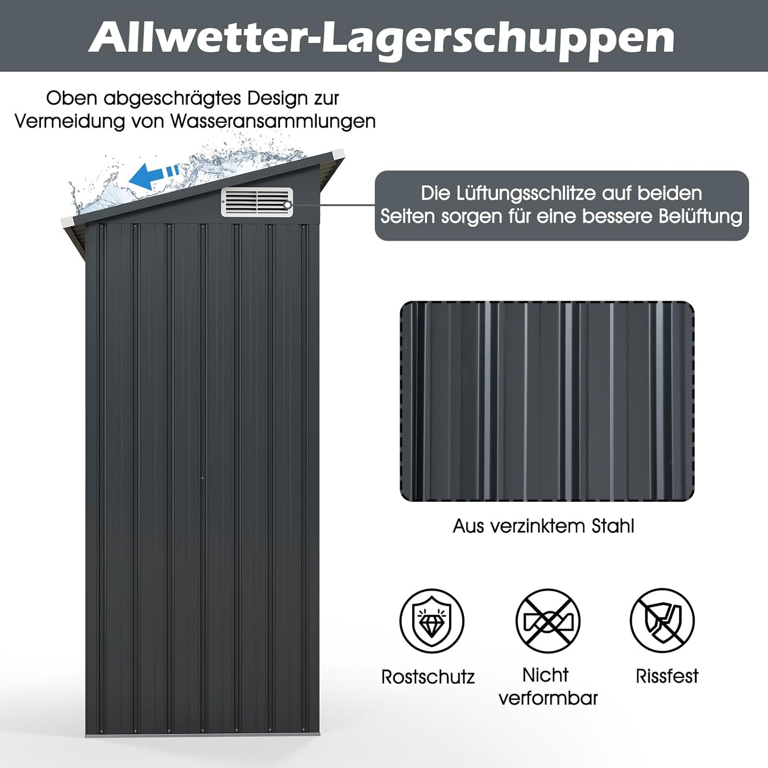 COSTWAY Gartenhaus Metall, 150 x 90,5 x 185 cm | 1,5 m³, Gerätehaus mit Pultdach & Tür, Geräteschuppen abschließbar, Gartenhütte Gartenschuppen, Garten Schuppen Outdoor (Dunkelgrau)