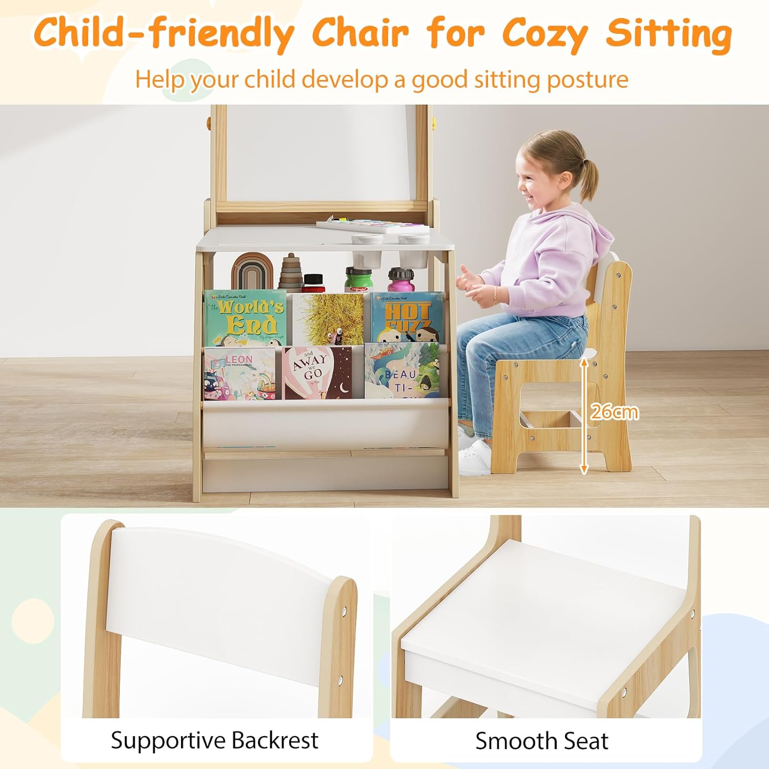 COSTWAY Kindertisch mit Stuhl & Staffelei, Kindersitzgruppe Holz mit Whiteboard & Kreidetafel & Bücherregal, Maltisch inkl. Papierrolle & Zubehör, 3 in 1 Sitzgruppe für Kinder ab 3 Jahren (Natur)