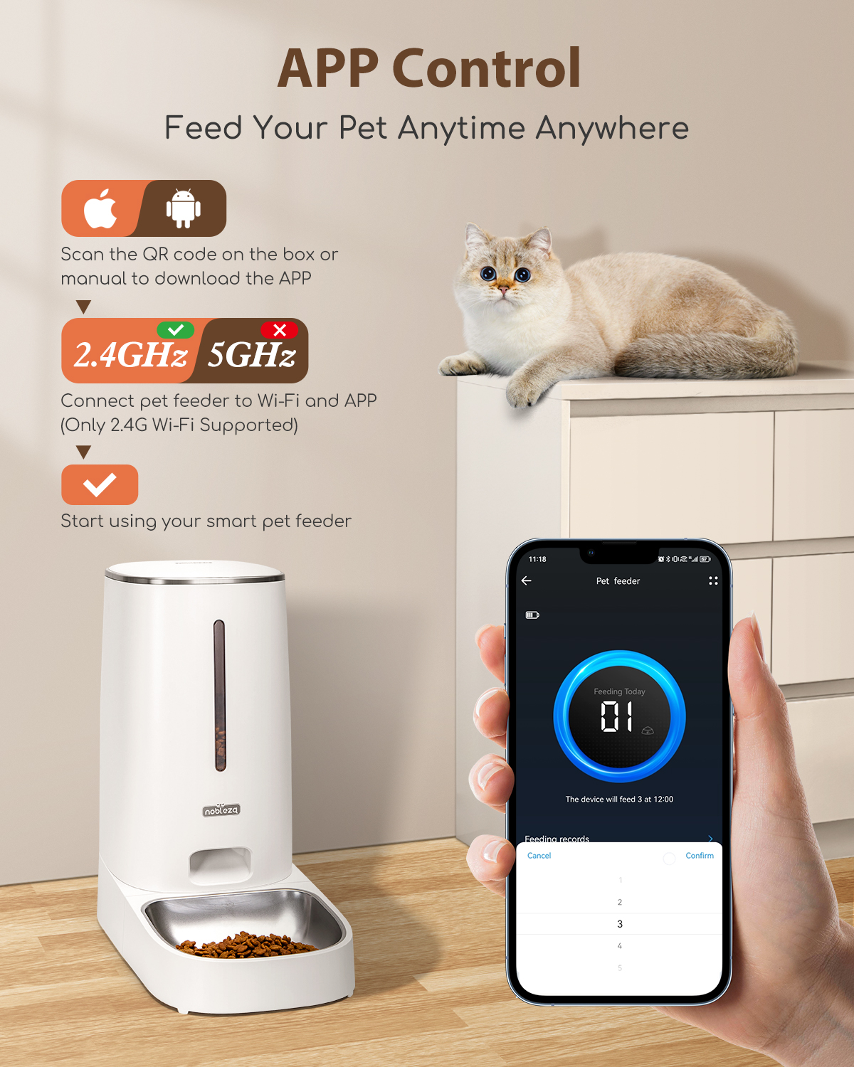 Nobleza - Dispensador automático de ração para cães e gatos, Wi-Fi 2.4G, capacidade de 4 litros, com timer e controle remoto por aplicativo, gravação de 10 segundos, permite de 1 a 10 refeições por dia, cor branca.