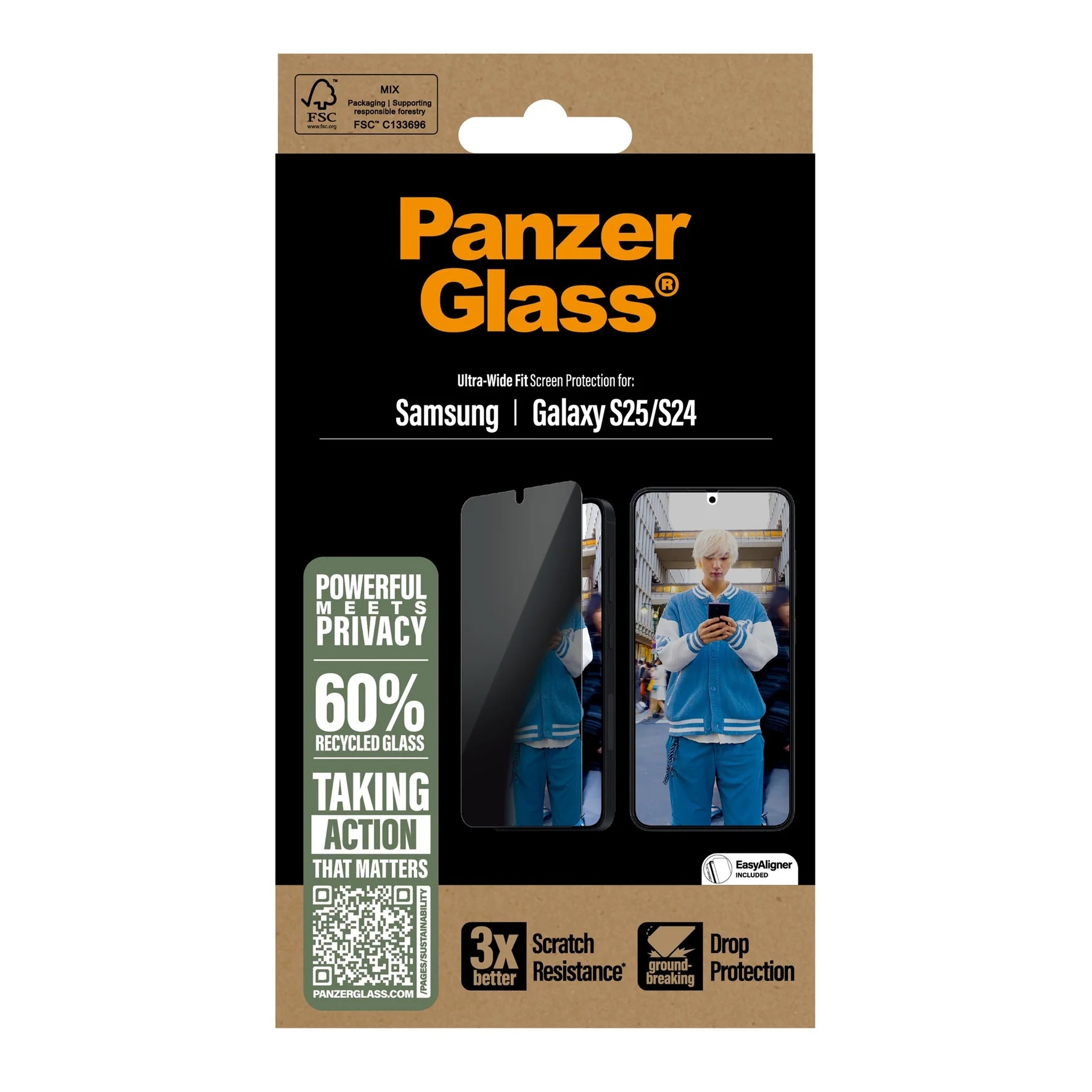 Samsung Galaxy S25 Antibakterielle Ultra Wide Fit Privacy Panzer Glas Displayschutz mit Montagerahmen Recycled (PGRPUWFG38388)