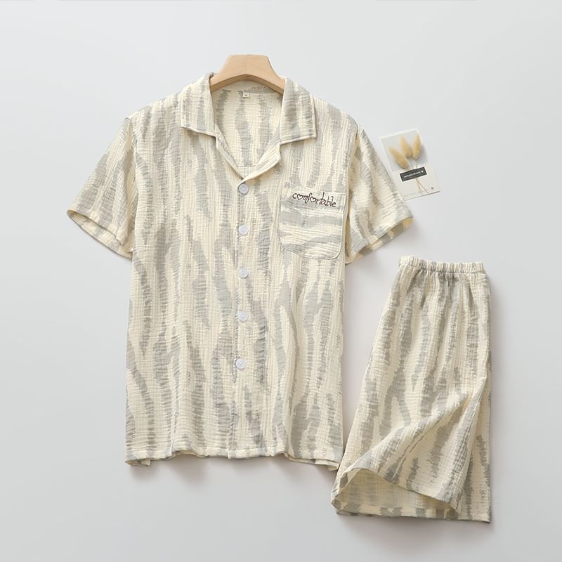 Finlies - Bijpassende pyjamaset voor koppels: shirt met korte mouwen, kraag en print + shorts met elastische taille (verschillende ontwerpen)