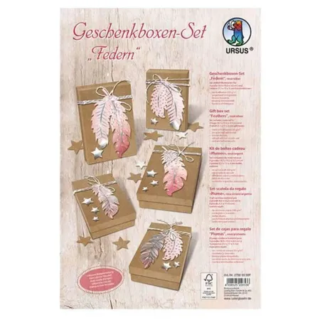 URSUS Bastelset für 5 Geschenkboxen, Federn rosé/silber