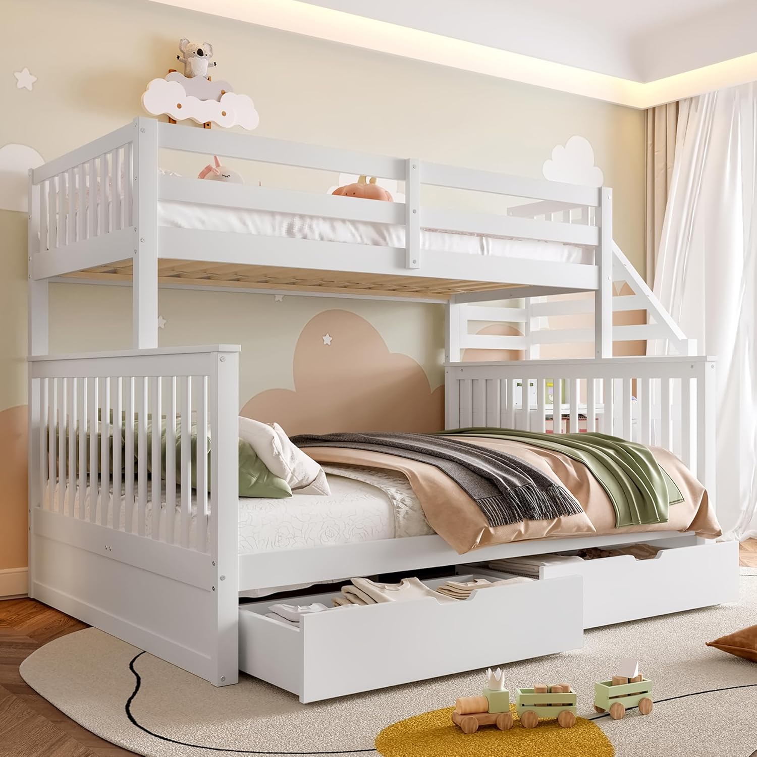 Hochbett Etagenbett 90x200cm+140x200cm mit Große Schubladen, Stauraumtreppe und Sicherheitszaun, Multifunktionsbett Kinderbett für 2 Kinder (Weiß-3)