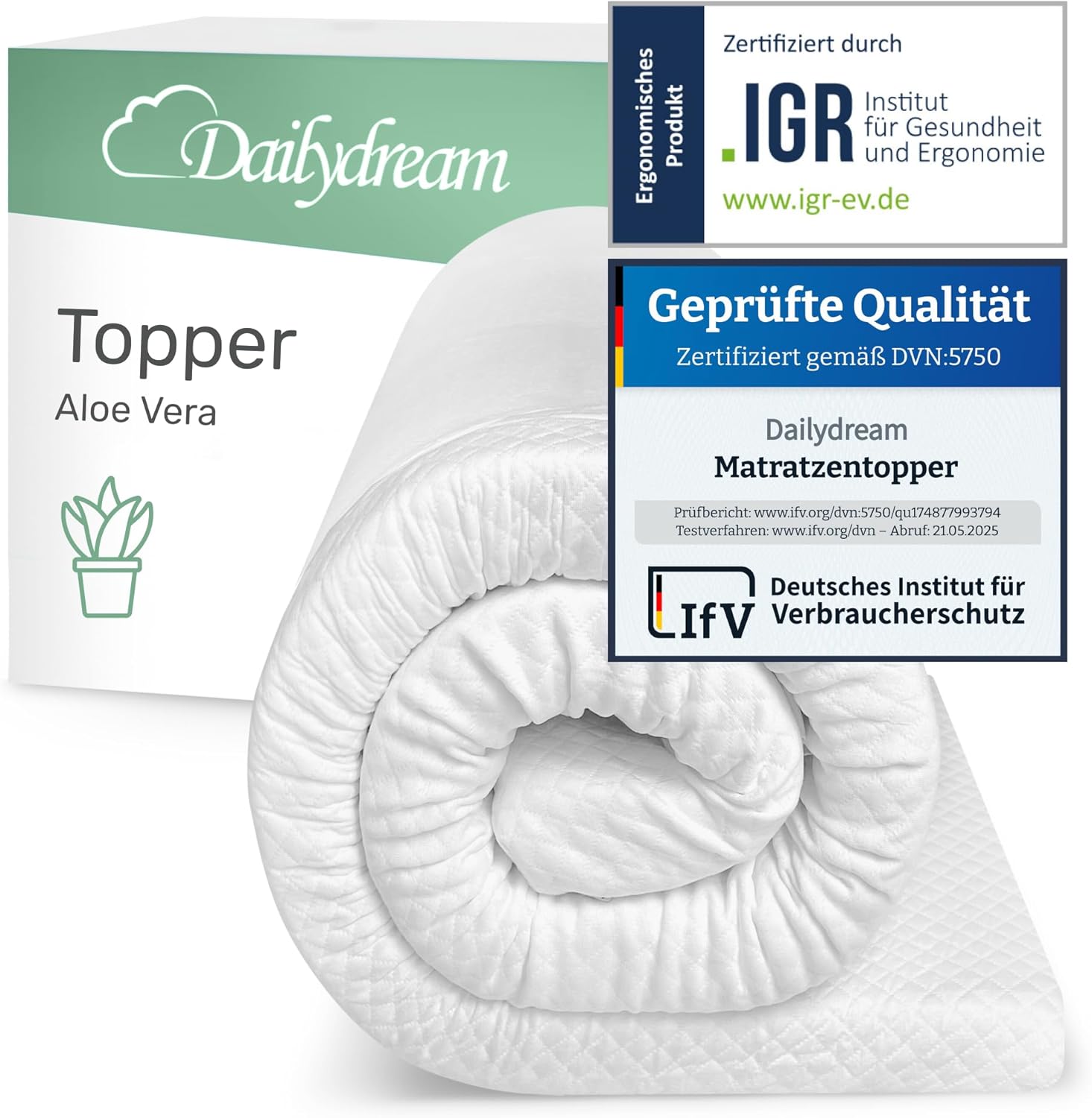 Dailydream Matratzen Topper 180x200cm | Memory Foam | 5cm hoch | Edition Aloe Vera, Model M | Zertifiziert & ergonomisch für unbequeme Matratze, Boxspringbett & Gästebett | Mattress Topper 180x200