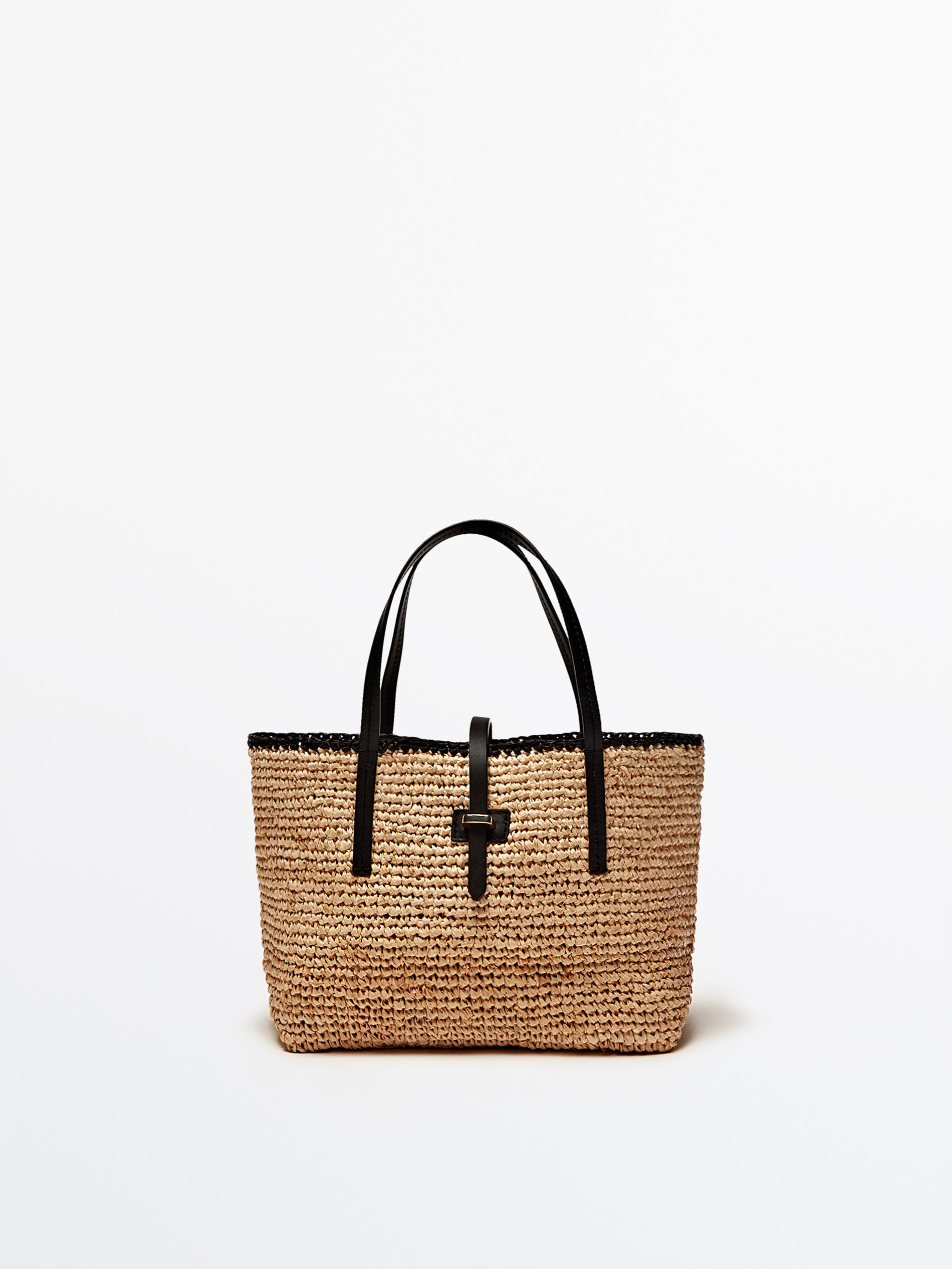 Mini sacola de compras, ráfia, alças de couro - BEGE