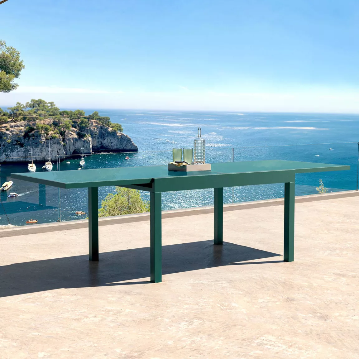 Table de jardin extensible en verre 10 places (135/270 x 90 cm) Murano Bleu pétrole