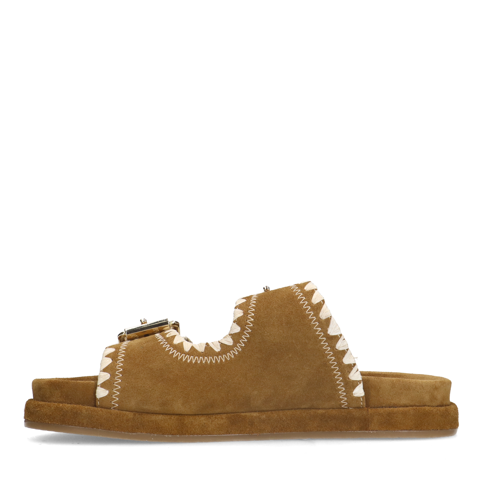 Suède cognac slippers met gesp
