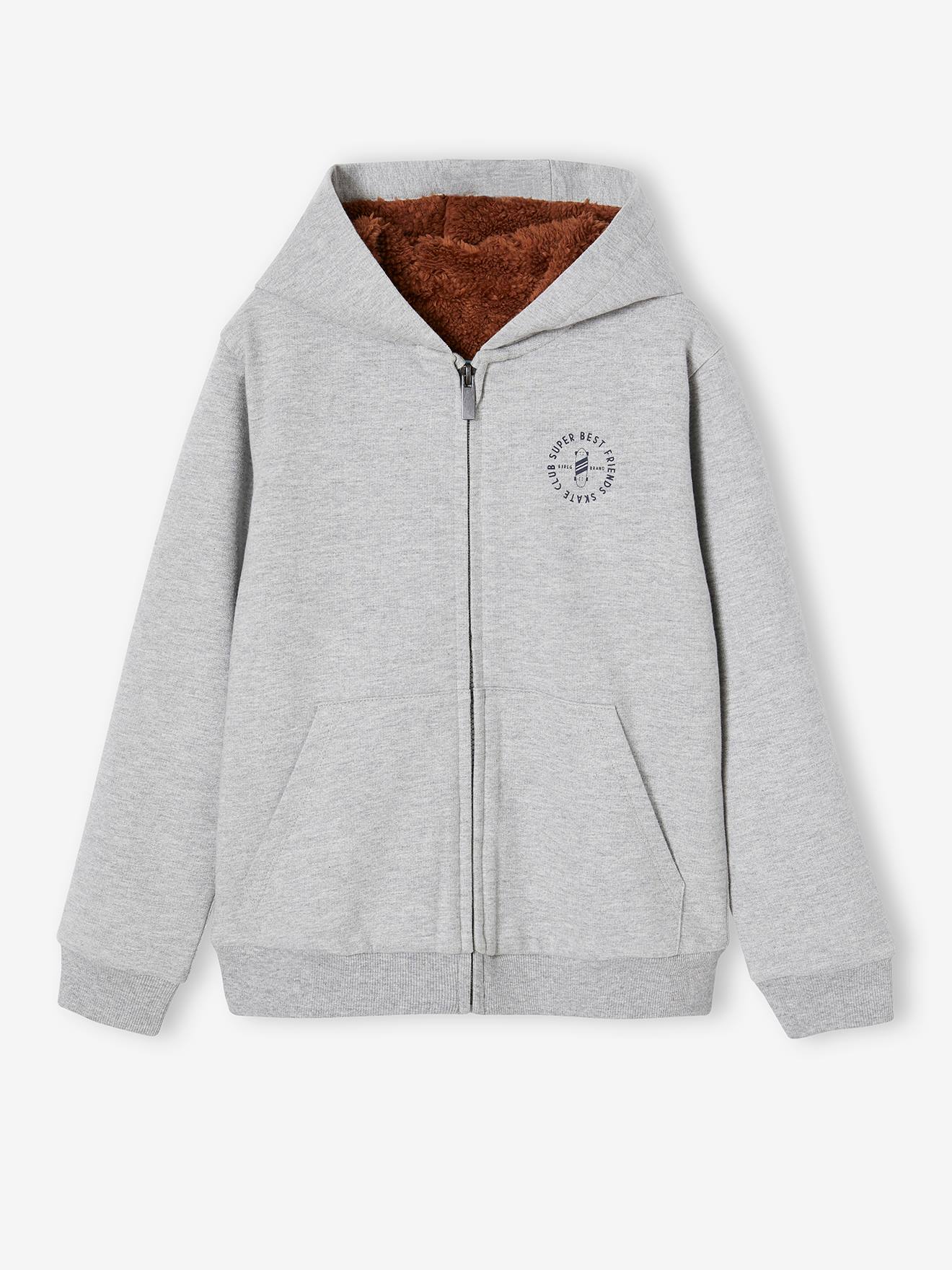 Moletom infantil azul-escuro liso com zíper, forro de sherpa e estampa.