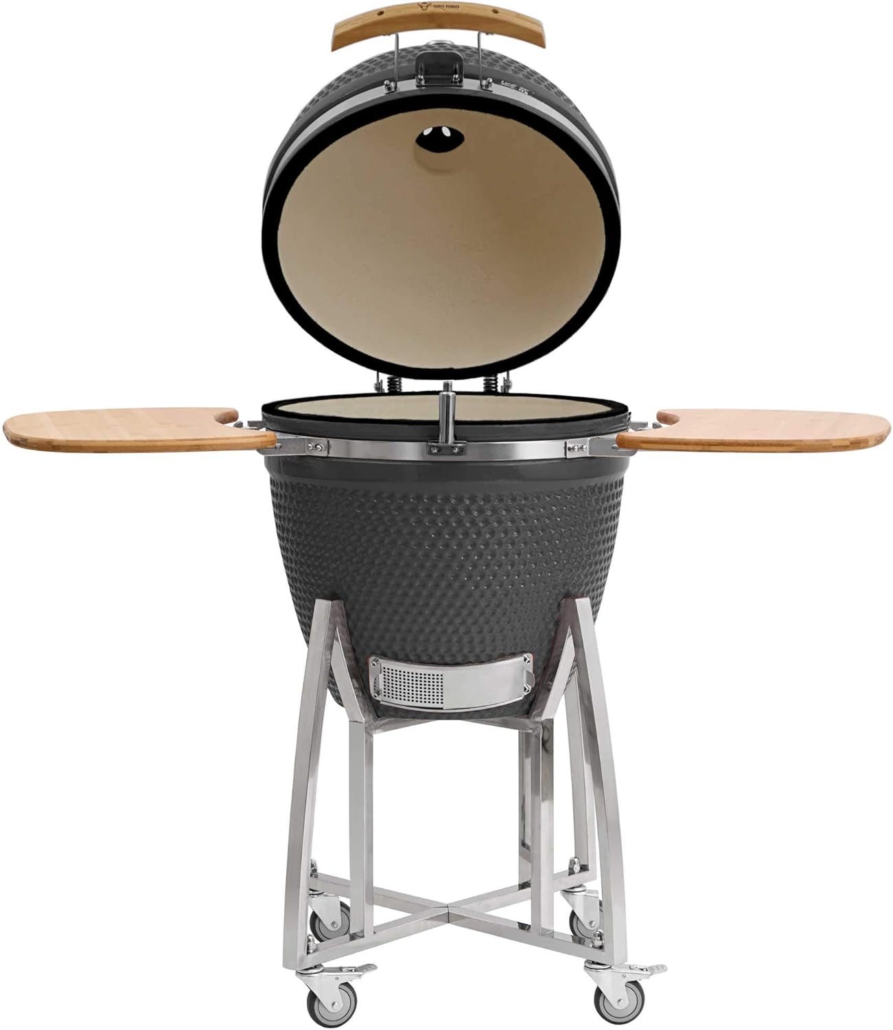 BBQ-Toro Kamado Grill Holzkohlegrill 'KURO' Ø 52 cm | Grau | Holzkohlegrill mit Bambusablage, Thermometer, Holzgriffen, Rollen | Keramikgrill rund, Ceramic Grill Ei, Grillofen, Kamado mit Ablage