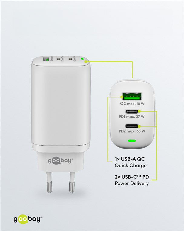 (65W/3A) USB A / 2x USB C GaN Ladegerät Netzteil Power Delivery / Quick Charge (65408) - Weiss