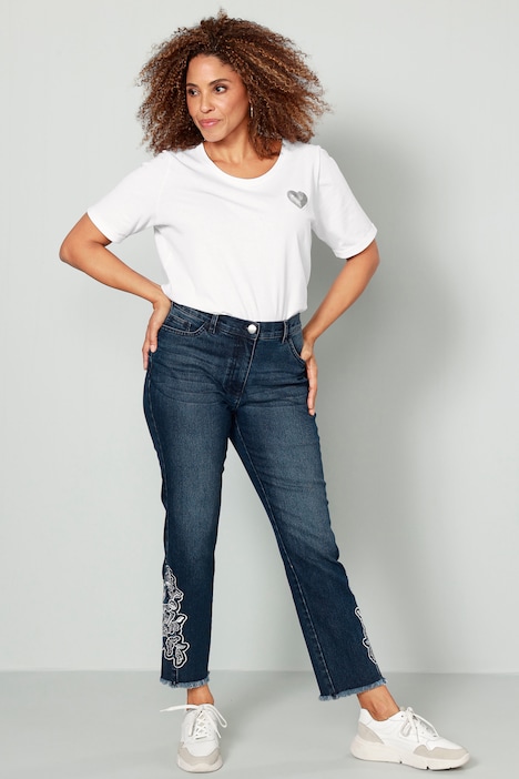 7/8-Jeans, Slim Fit, Saum-Stickerei, 5-Pocket