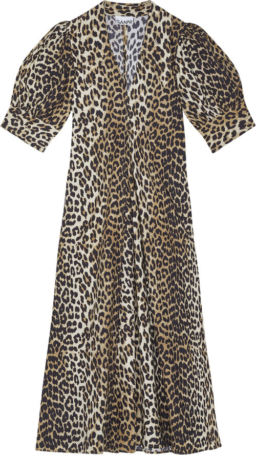 Ganni Printed Cotton Poplin V-neck Long D Leopard